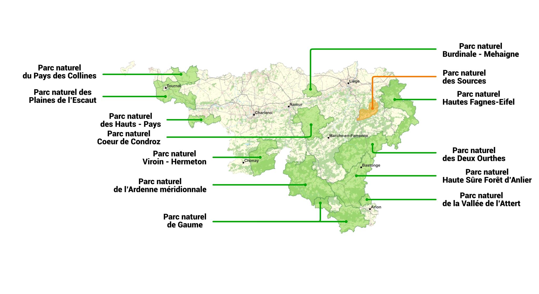 Carte des 13 Parc naturels de Wallonie